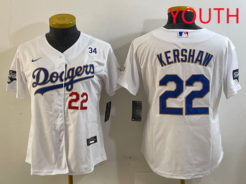 Youth Los Angeles Dodgers #22 Kershaw White Gold Game 2025 Nike MLB Jersey style 6->youth mlb jersey->Youth Jersey